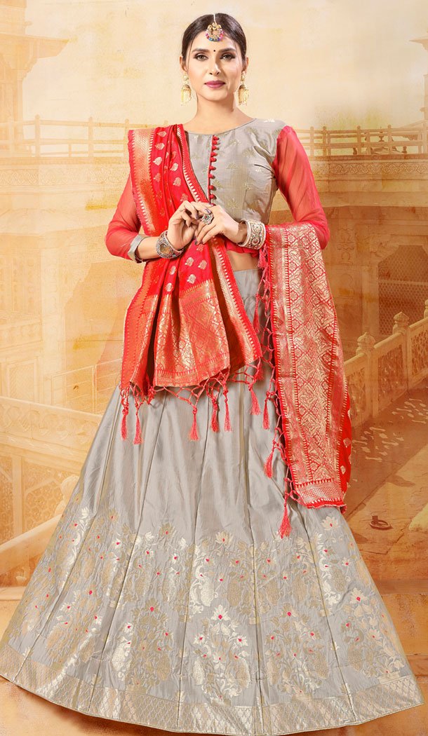 Grey Color Banarasi Silk Jacquard Treditional Wear Plus Size Lehenga Choli - 534965789