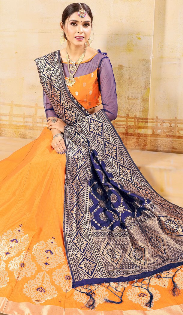 Majesty Yellow Color Banarasi Silk Jacquard Treditional Wear Plus Size Lehenga Choli - 534965791