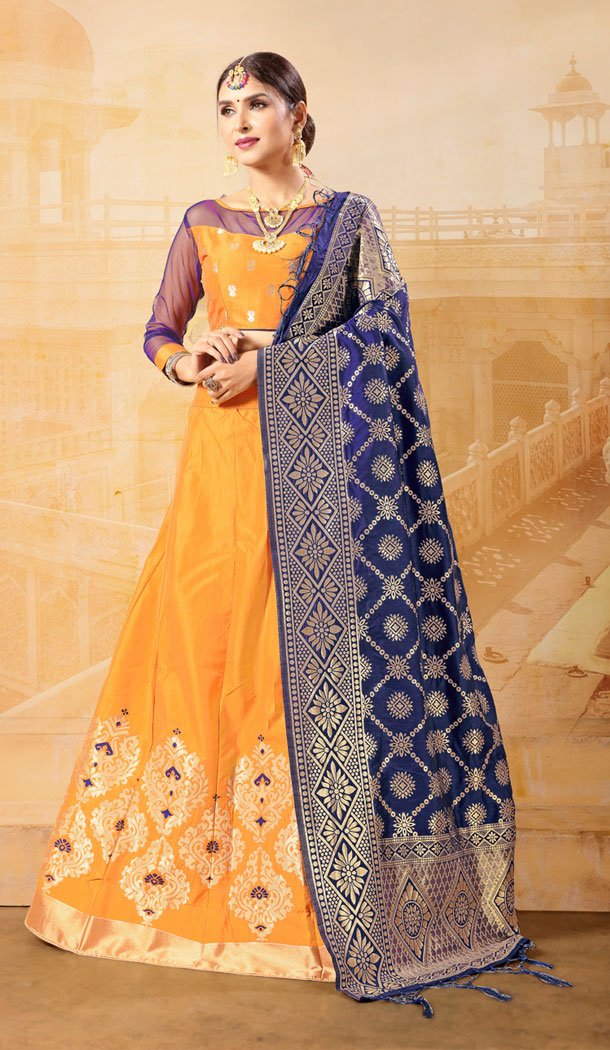 Majesty Yellow Color Banarasi Silk Jacquard Treditional Wear Plus Size Lehenga Choli - 534965791
