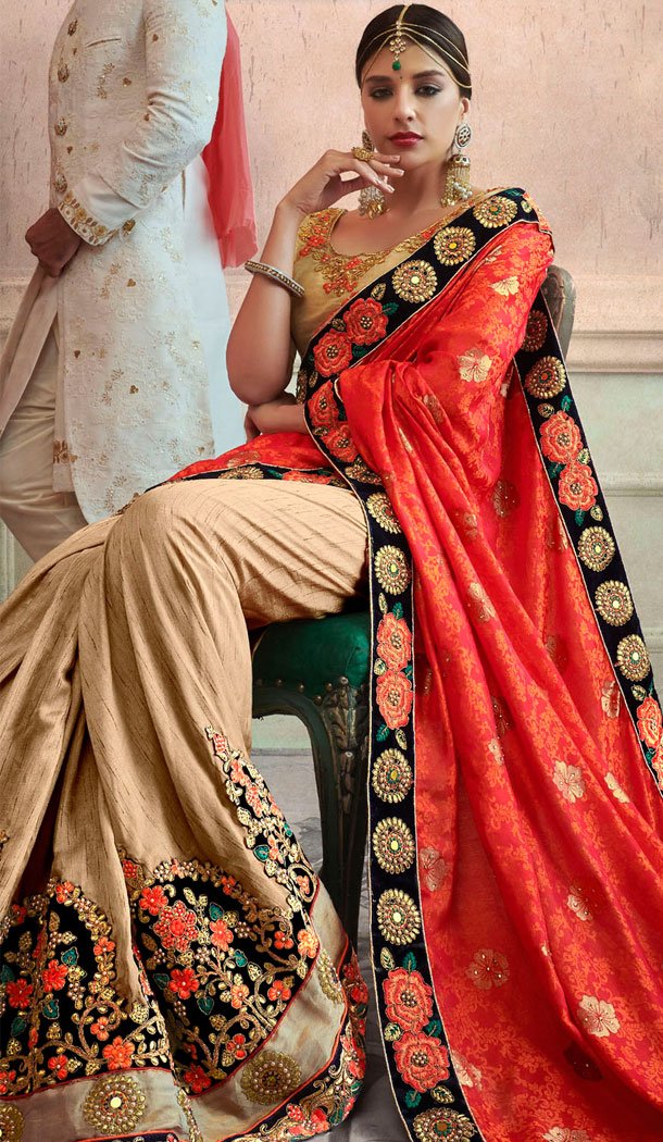 Orange And Beige Georgette Treditional Designer Plus Size Saris - 535265807