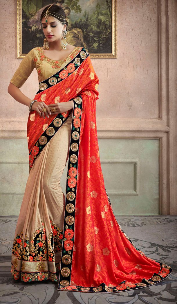 Orange And Beige Georgette Treditional Designer Plus Size Saris - 535265807