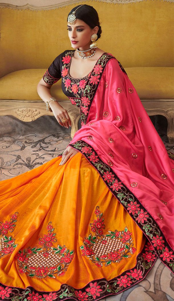 Pink And Yellow Georgette Treditional Designer Plus Size Saris - 535265810