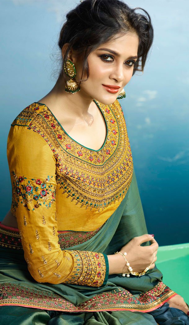 Elegant Green Color Fancy Fabric Embroidered Designer Saris - 533965645