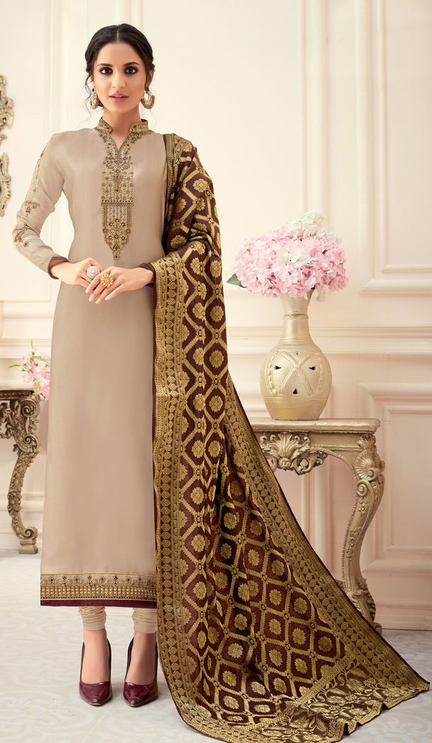 Exquisite Beige Color Satin Georgette Party Plus Size Salwar Kameez - 536966015