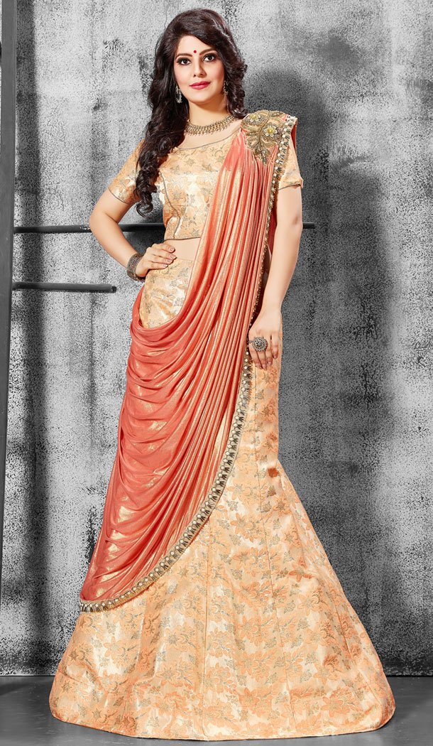 Peach Color Banarasi Silk Party Wear Fancy Lehenga Choli - 535065796