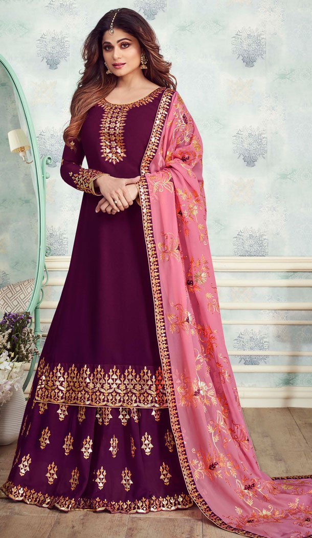 Fancy Purple Color Real Georgette Pakistani Style Designer Palazzo Salwar Kameez - 541066893