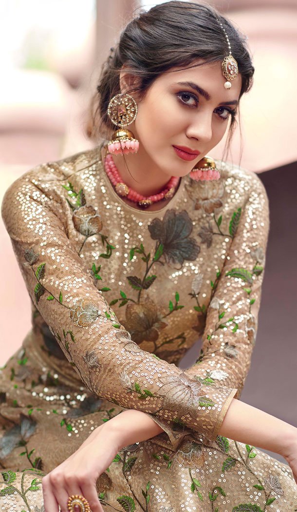 Unique Beige Color Net Designer Long Abaya Style Salwar Kameez - 542166995