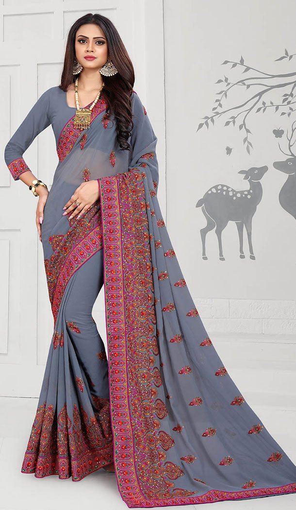 Alluring Grey Color Georgette Designer Long Sleeve Blouse Party Wear Saree - 65265411