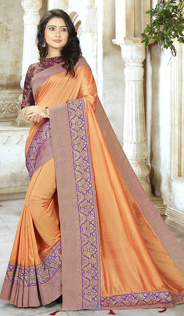 Vivacious Orange Color Chinon Silk Treditional Wear Saris Blouse - 65405547