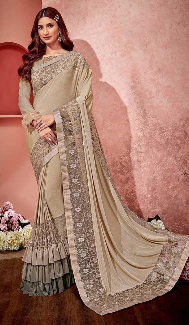 Beige Color Lycra And Fancy Net Designer Party Wear Saree Blouse - 65475614