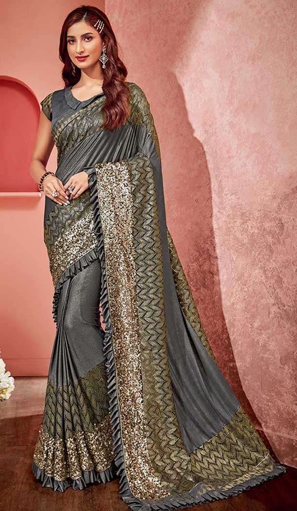 Dark Grey Color Lycra And Fancy Net Designer Party Wear Saree Blouse - 65475616