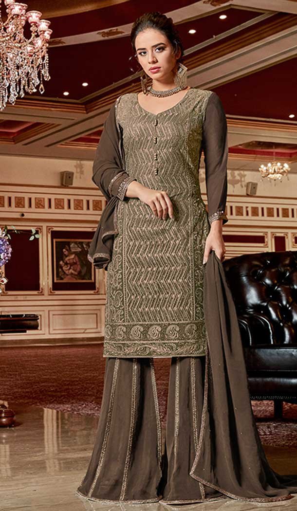 Beige Color Georgette Embroidery Sharara Salwar Kameez - 545968144