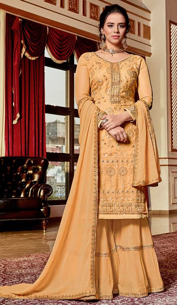 Light Orange Color Georgette Embroidery Sharara Salwar Kameez Online - 545968146