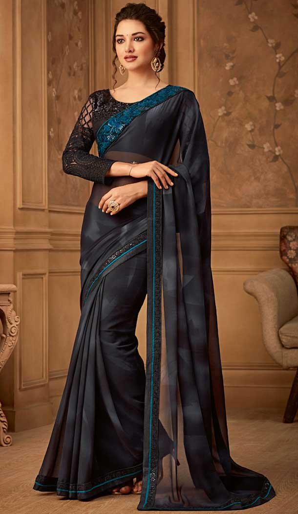 Black Color Kasab Georgette Designer Blouse with Party Wear Saree - 548068420
