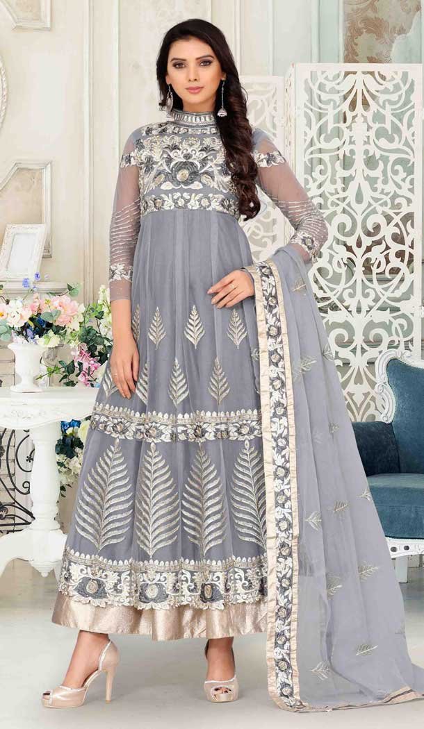 Grey Color Net Designer Style Anarkali Salwar Kameez - 389658849