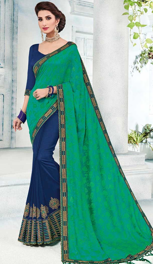 Green And Blue Silk Embroidered Traditional Saree Draping Styles