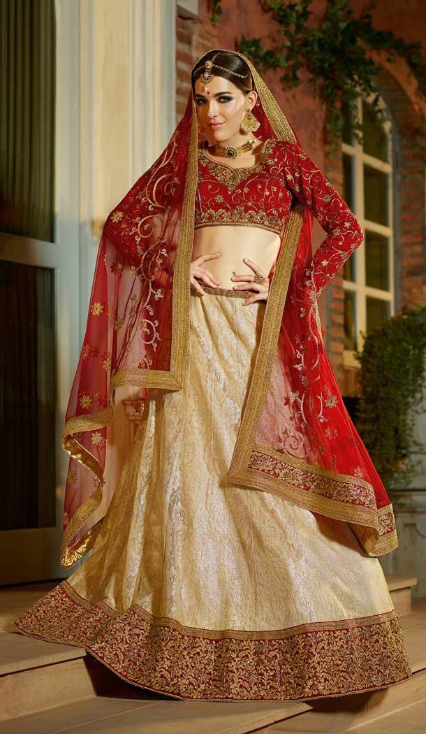 Cream And Red Color Banglori Silk Traditional Outfit Lehenga Choli