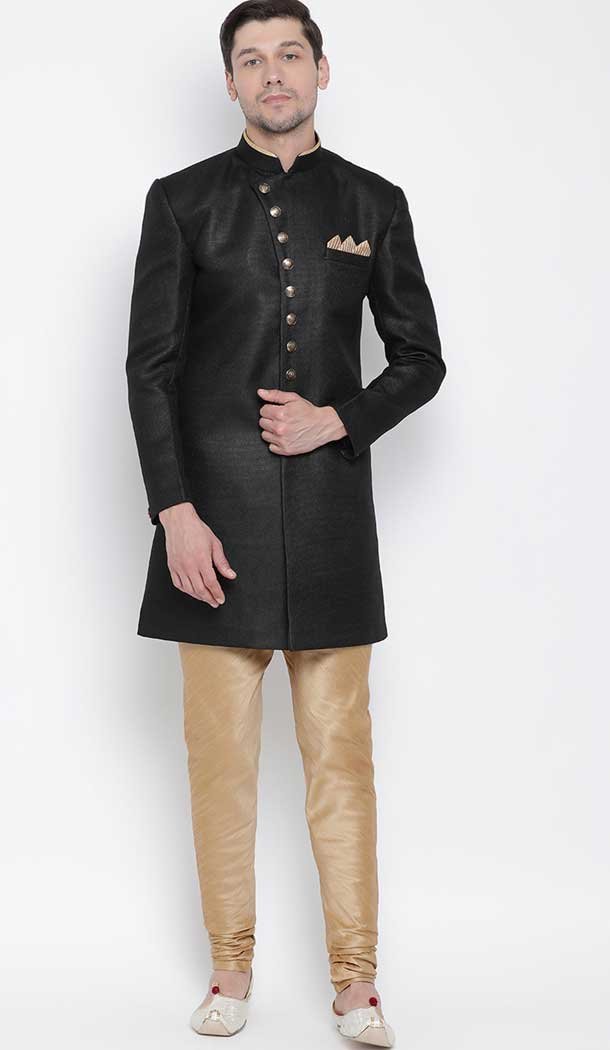 Black Color Cotton Blend Ready made Men Indo Western Sherwani