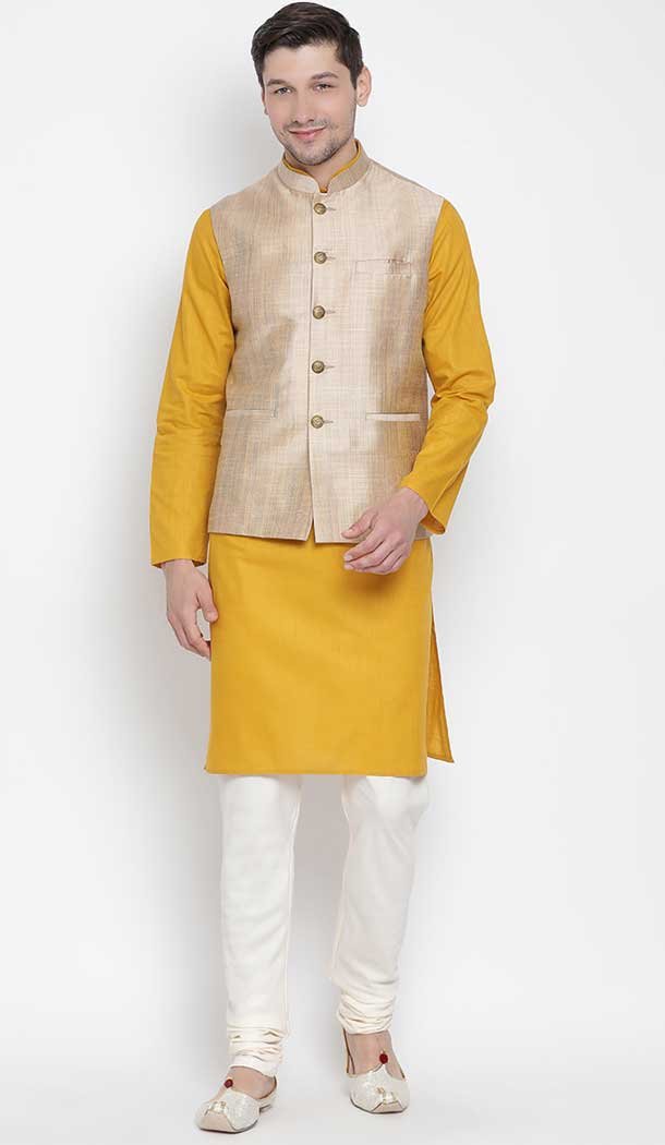 Kurta Pajama With Jacket In Mustard