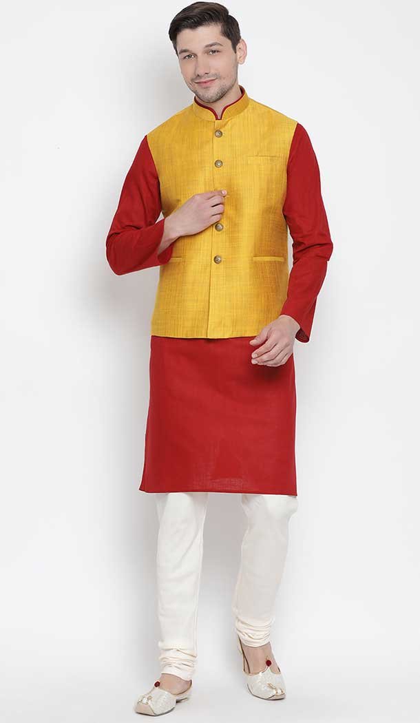 Maroon Kurta Pajama With Jacket For Groom