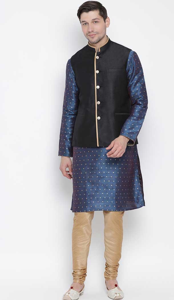 Sea Blue Kurta Pajama With Jacket For Wedding