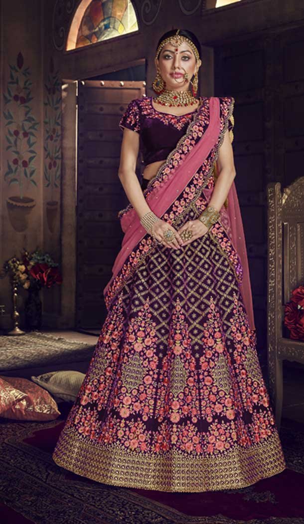 Pink and Wine Color Velvet Wedding Designer Lehenga Choli - 398359778