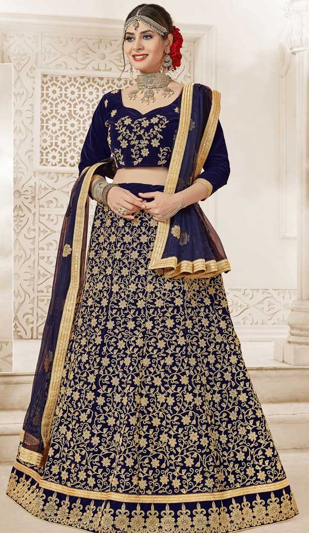 Navy Blue Color Velvet Traditional Wear Lehenga Choli - 549568596