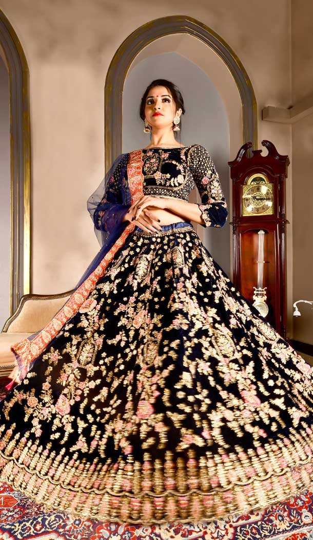 Fascinating Navy Blue Color Velvet Designer Wedding Reception Lehenga Choli - 400859983