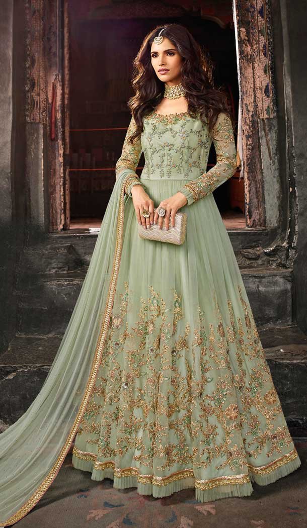 Pastel Green Color Net Pakistani Style Long Salwar Kameez - 561169988