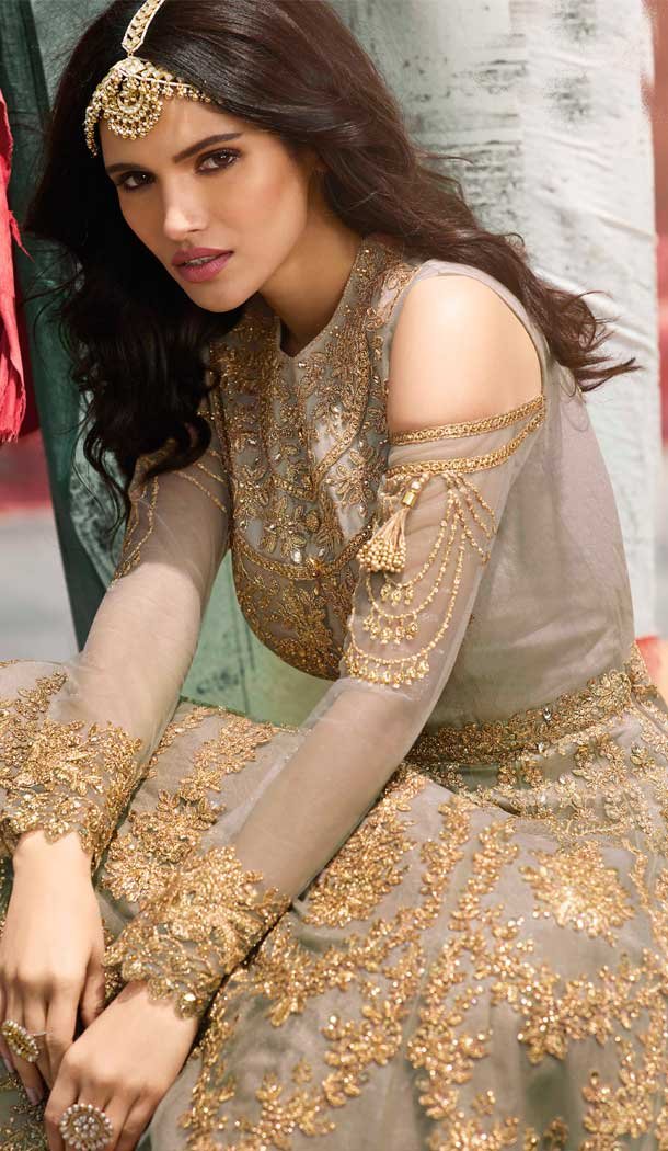 Beige Color Net Pakistani Style Long Salwar Kameez - 561169992