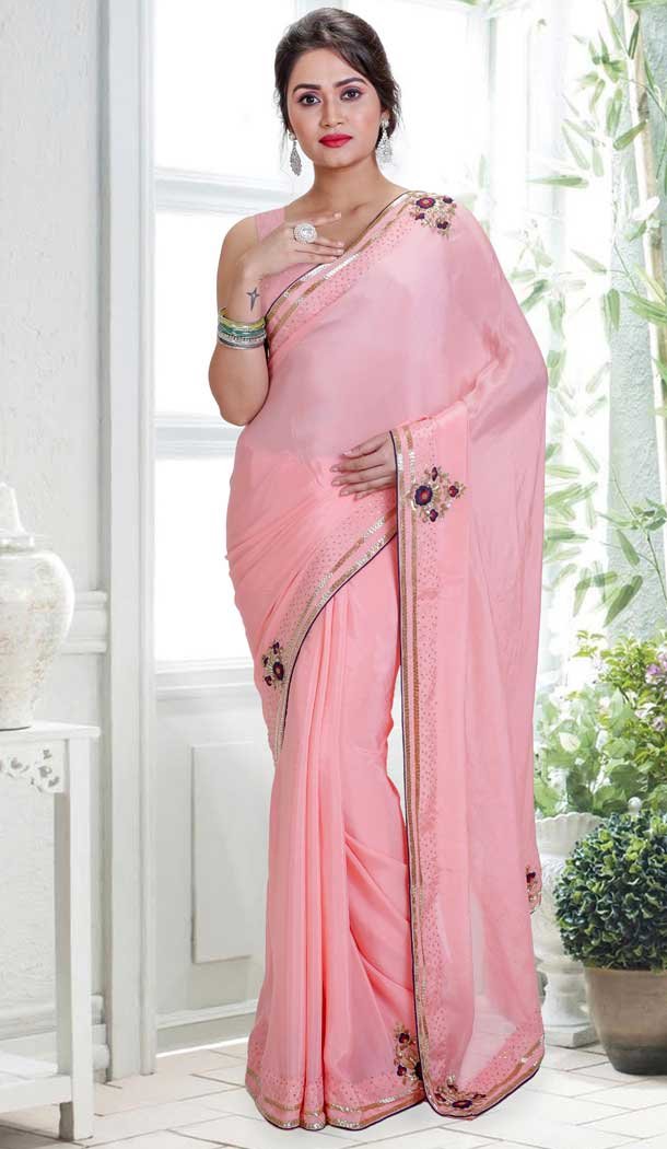 Pink Color Crepe Hand Work Designer Bridal Saree Blouse - 558369594