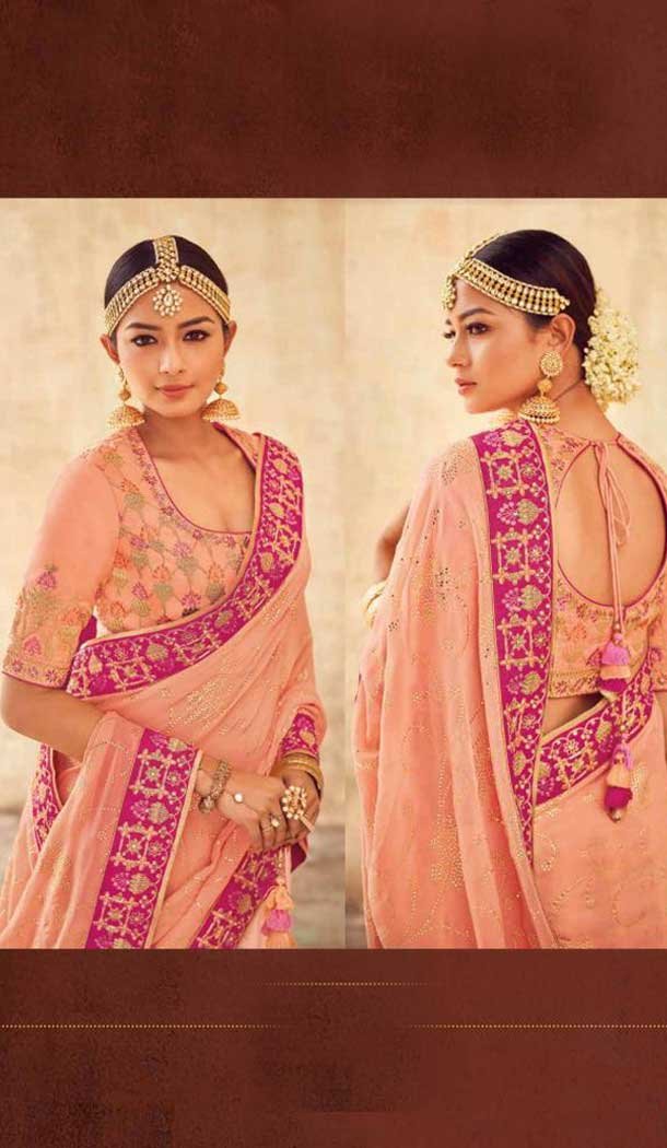 Peach Color Pure Tussar Silk Designer Sangeet Ceremony Lehenga Choli - 562370115