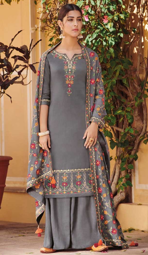 Grey Color Ora Silk Festive Wear Palazzo Salwar Suit - 564870634
