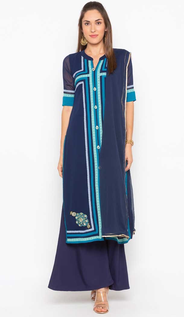 Navy Blue Color Georgette Designer Plus Size Readymade Dress - 568871020