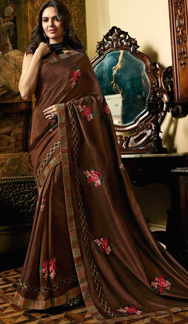 Brown Color Vichitra Silk Bollywood Celebrity Nargis Fakhri Saree - 564770626