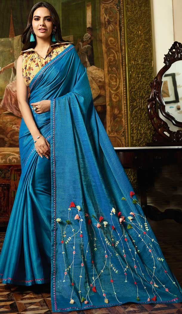Blue Color Vichitra Silk Bollywood Celebrity Nargis Fakhri Saree - 564770628