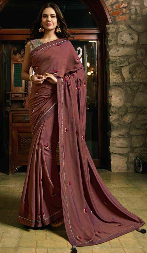 Light Maroon Color Silk Georgette Bollywood Celebrity Nargis Fakhri Saree - 564770631