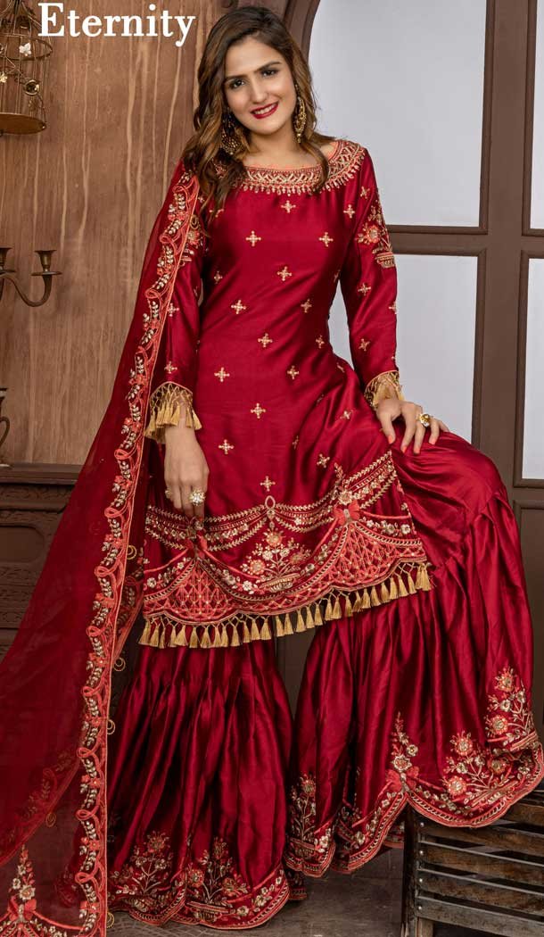 Maroon Color Malai Satin Heavy Designer Party Wear Sharara Suit - 565870760