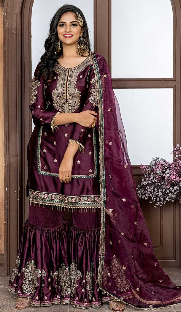 Purple Color Malai Satin Heavy Designer Party Wear Sharara Suit - 565870761