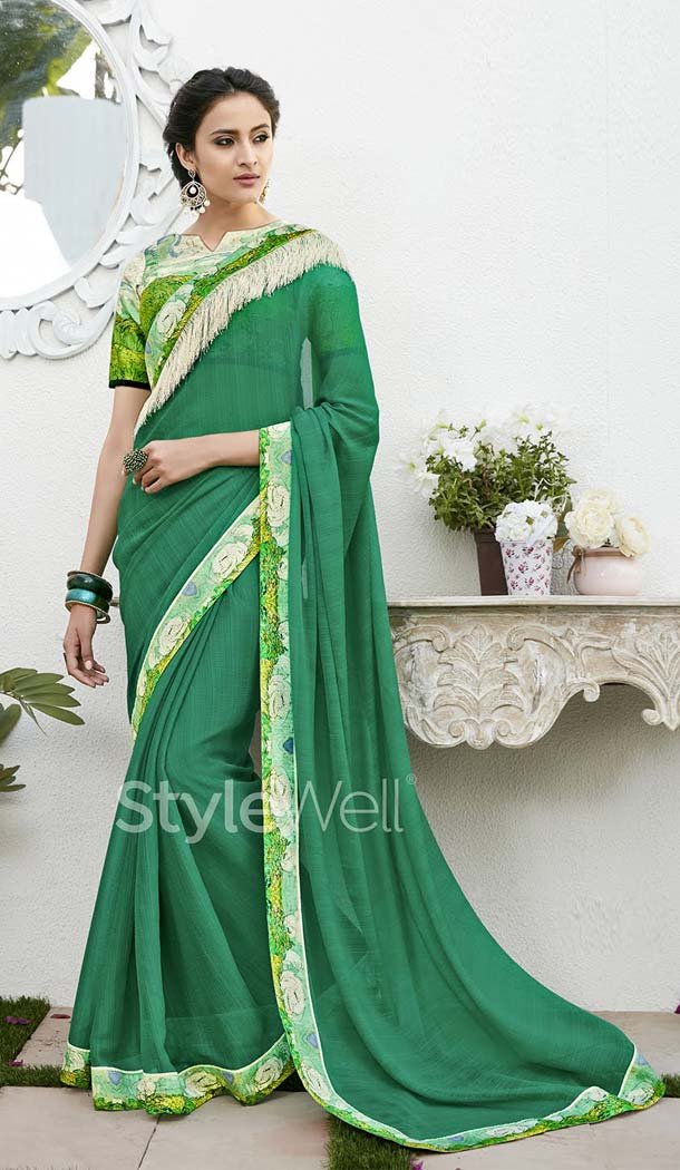 Green Color Chiffon Digital Printed Office Wear Casual Saree Blouse - 410960948