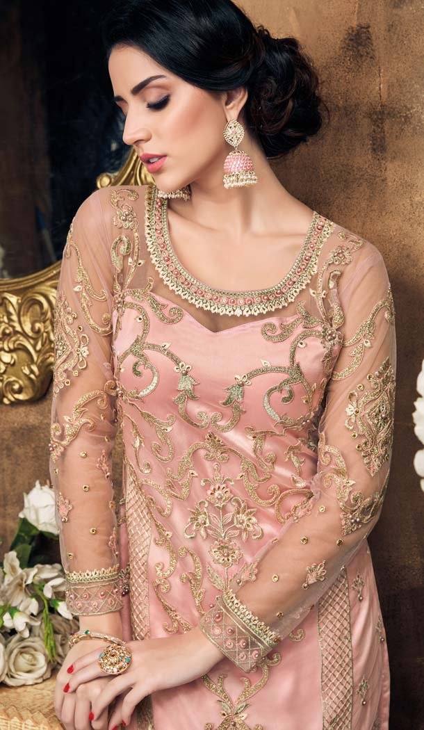 Peach Color Net Heavy Embroidery Palazzo Salwar Suit - 568070945