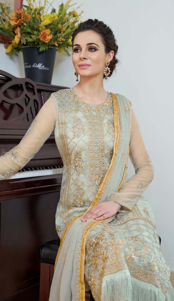 Grey Color Organza Embroidery Pakistani Palazzo Salwar Suit - 573871448
