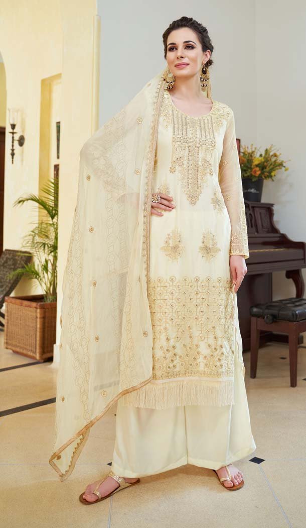 Cream Color Organza Embroidery Pakistani Palazzo Salwar Suit - 573871454