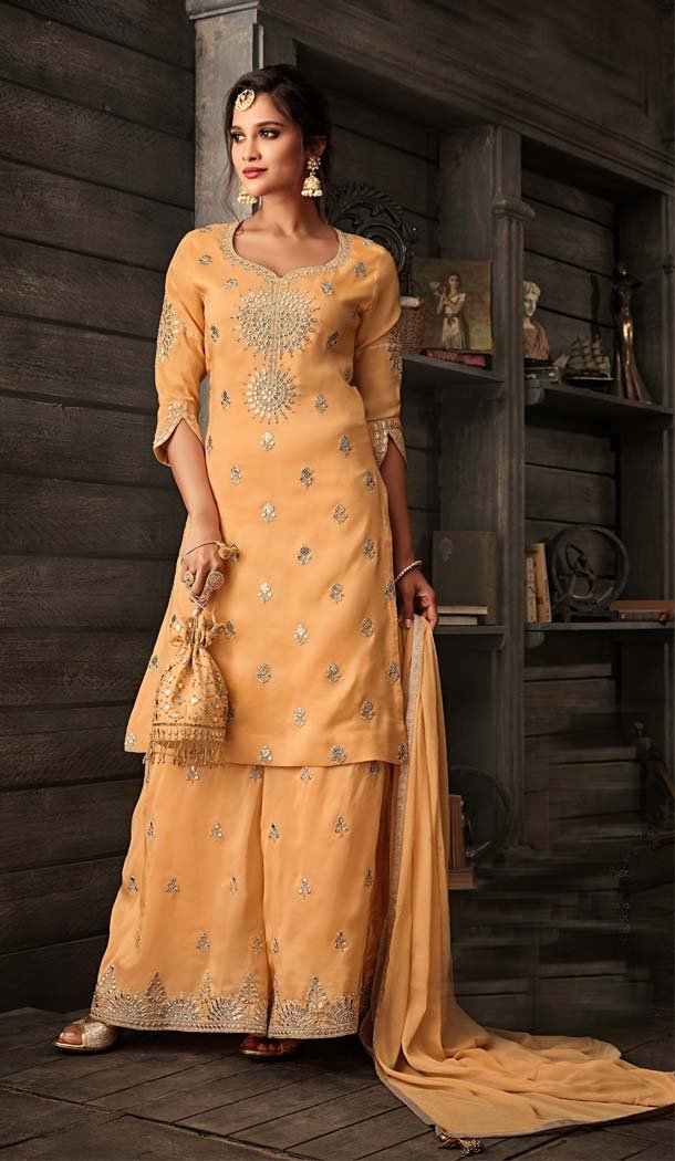 Light Orange Color Crepe Designer Sharara Salwar Suit - 575171648
