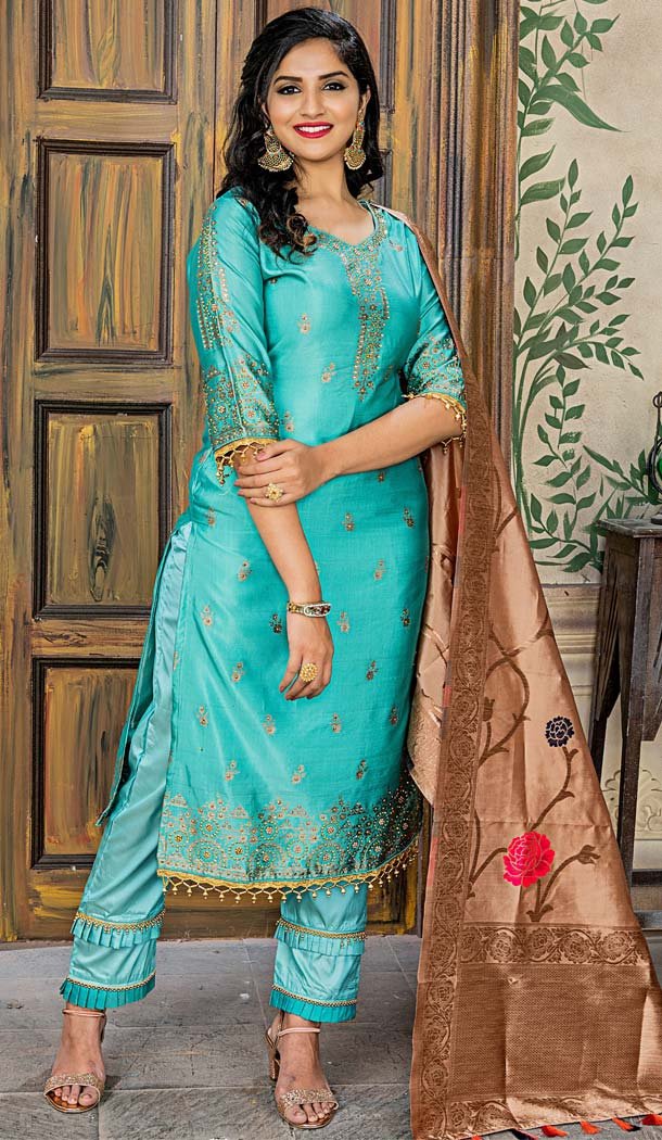 Banarasi Jacquard  Aqua Green Color Party Wear Palazzo Suit - 575771713