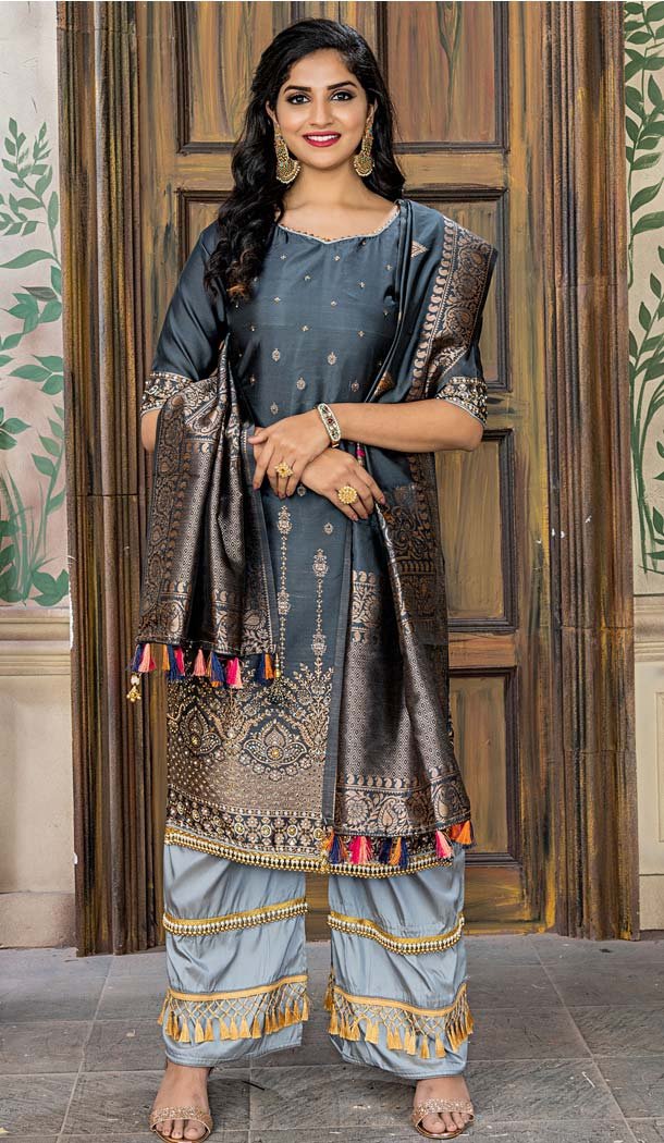 Banarasi Jacquard Dark Grey Color Party Wear Palazzo Suit - 575771716