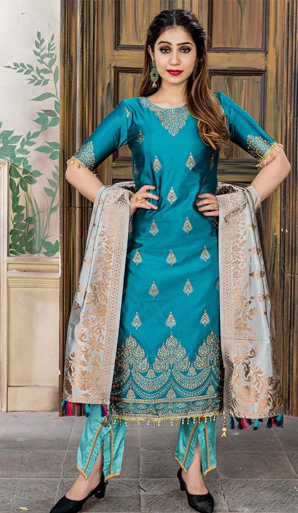 Banarasi Jacquard Sea Blue Color Party Wear Palazzo Suit - 575771717