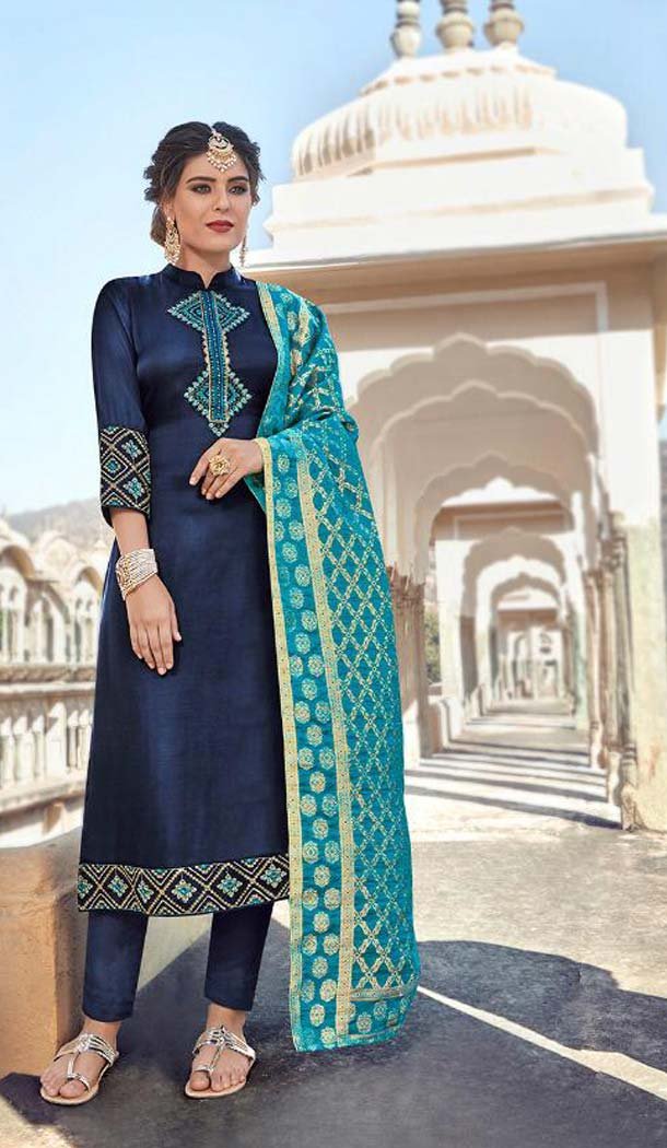 Navy Blue Color Satin Georgette Party Wear Churidar Salwar Kameez - 575871718