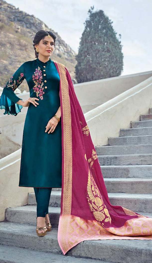 Sea Green Color Satin Georgette Party Wear Churidar Salwar Kameez - 575871722