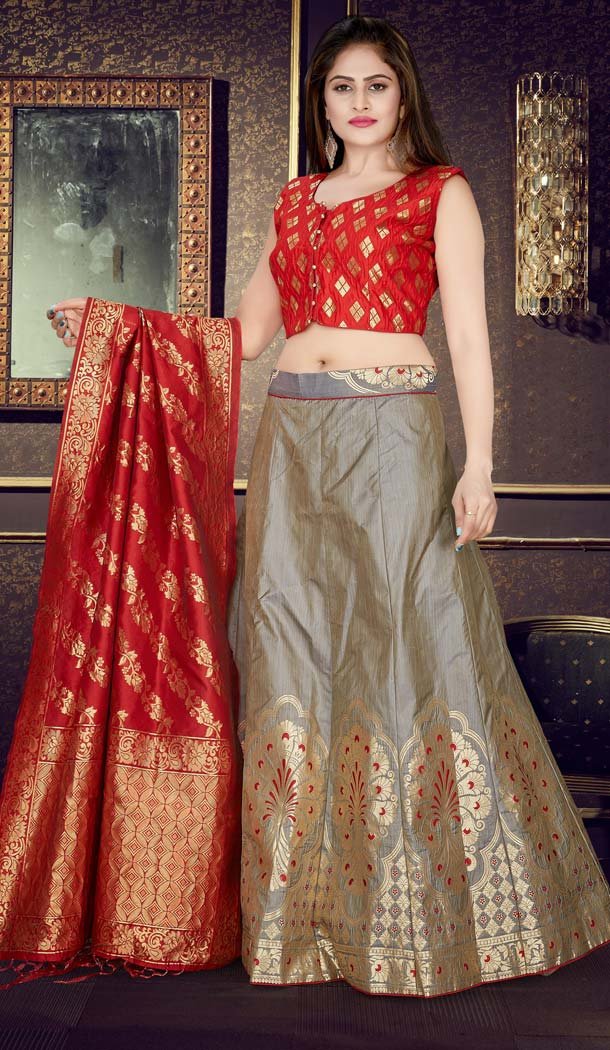 Grey Color Banarasi Jacquard Designer Readymade Lehenga Choli - 570571167